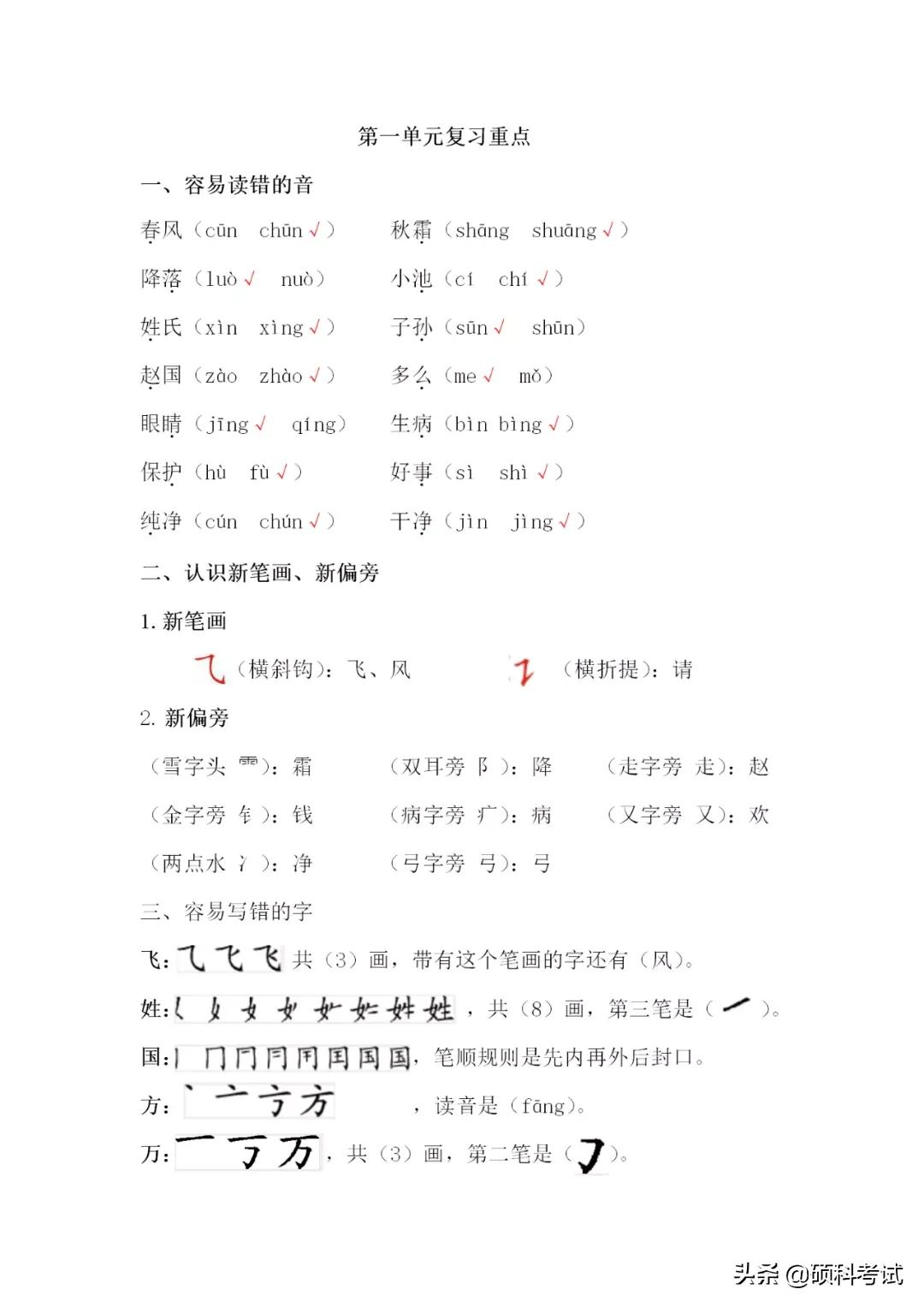 2022春!一年级语文第一单元生字扩词、复习重点、 知识要点归纳