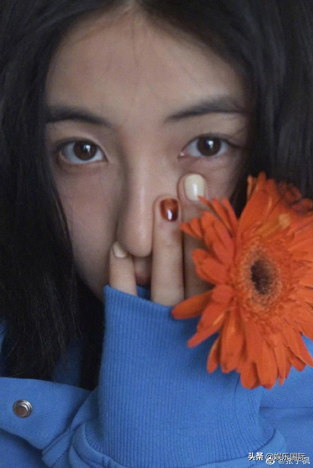 张子枫晒九宫格自拍 穿蓝色卫衣持花摆pose