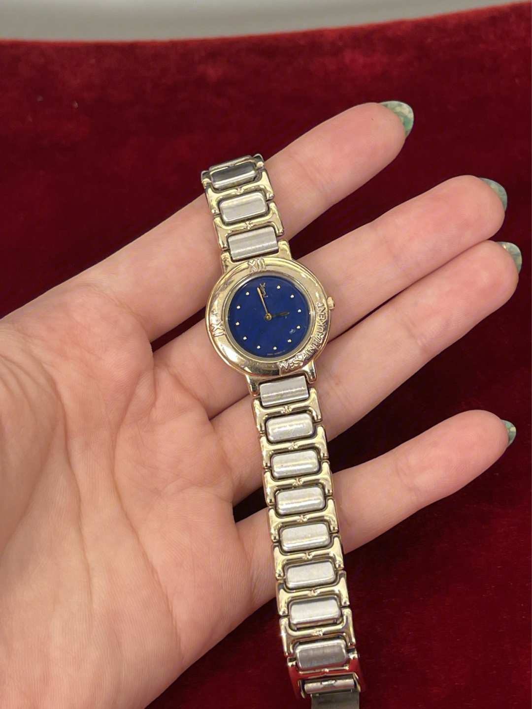 YSL蓝色圆盘石英手表，复古腔调金银表链