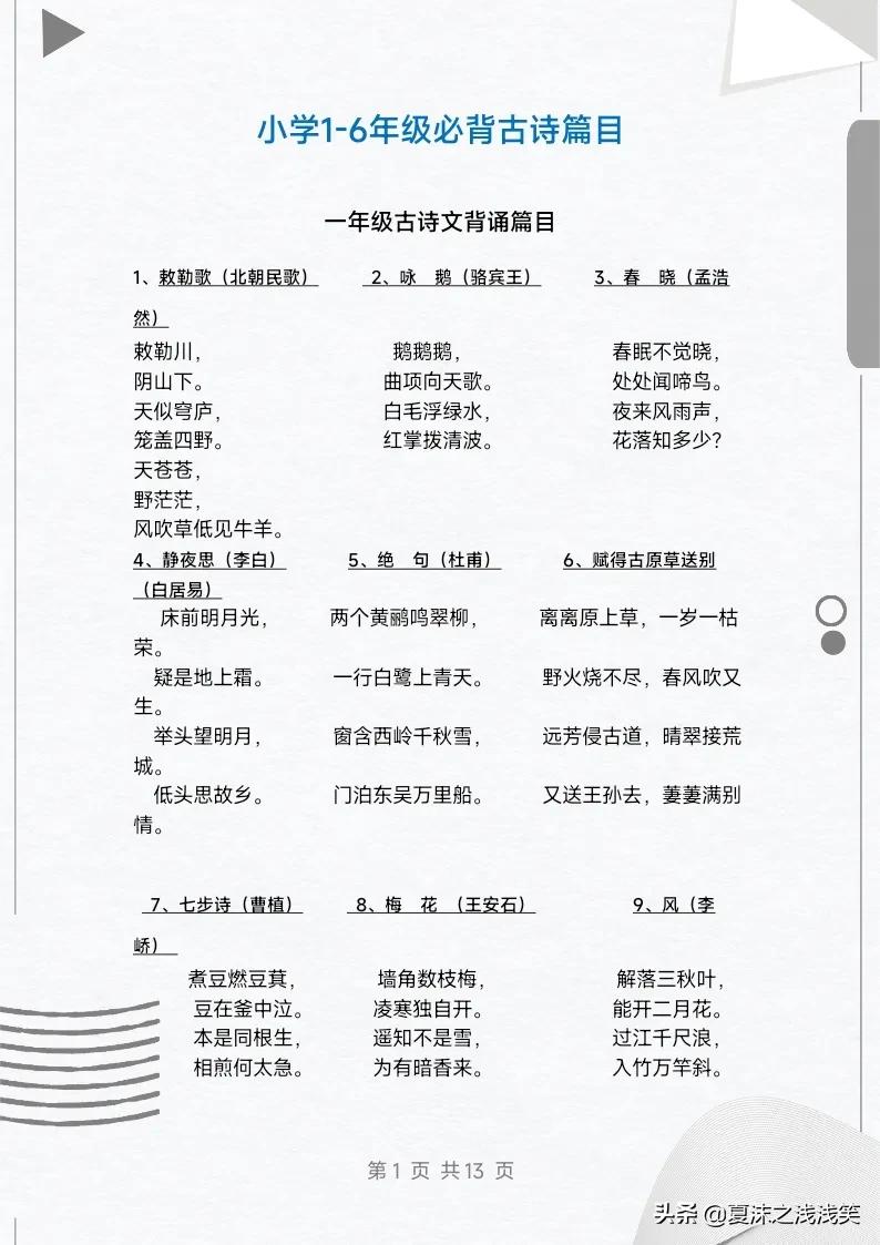 小學(xué)1-6年級必背古詩匯總