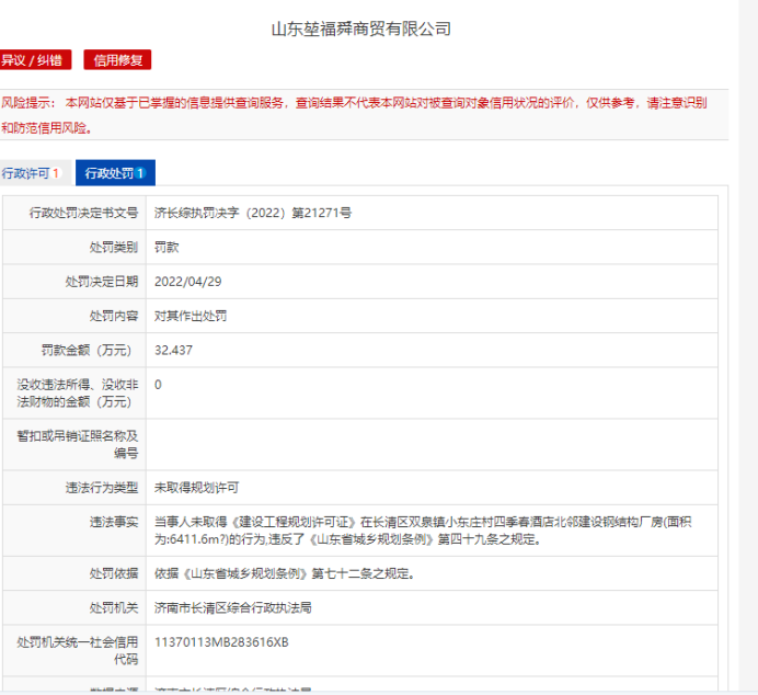 无证先建，山东堃福舜商贸公司被罚32.437万元