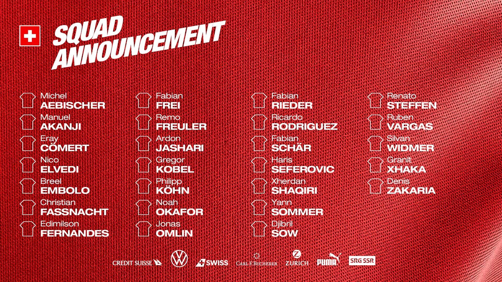 瑞士国家队(瑞士队世界杯26人名单：扎卡沙奇里领衔 阿坎吉恩博洛入选)