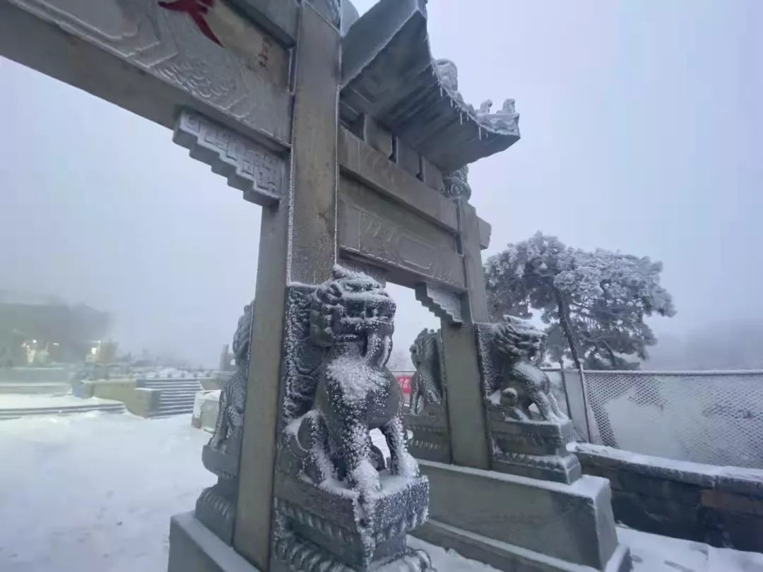 快看，刚拍的！雪后泰山，是山东海拔最高的琼楼仙阁