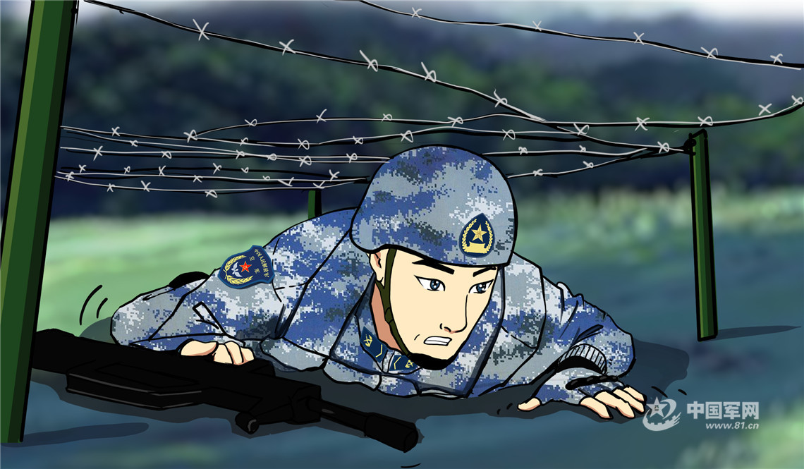 低姿匍匐.来源:中国军网漫画作者:罗兴栋,高思峰,耿亚茹,李卫民