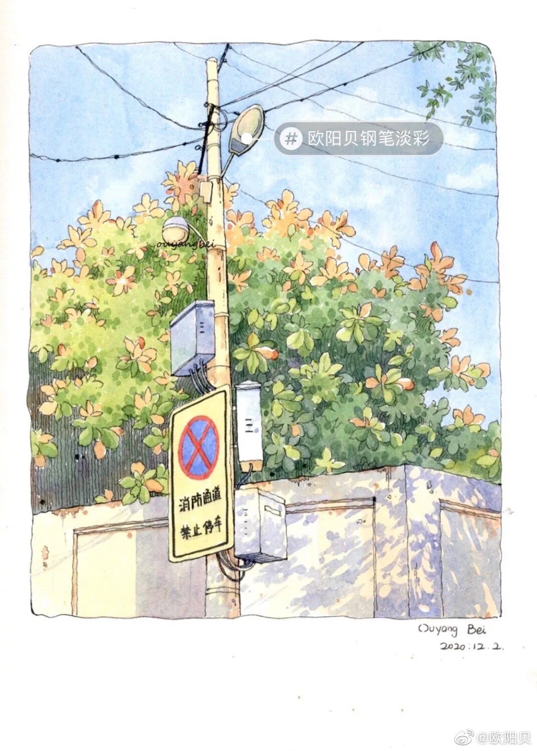 95后美女教你画钢笔淡彩，张张都是精品，构图和配色超棒