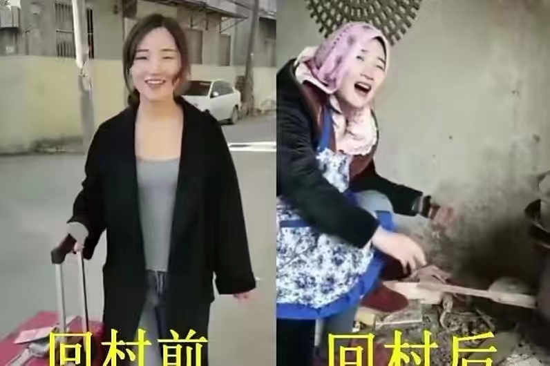 大学生回村前后对比图火了，在外再嚣张回家也要扒苞米，笑不活了