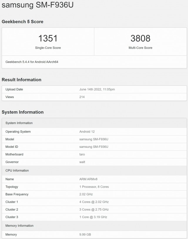 三星Galaxy Z Fold4亮相Geekbench，搭载骁龙8+和12GB内存