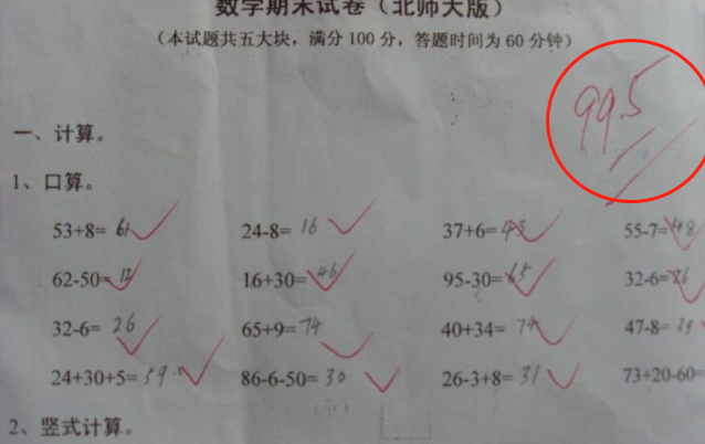 考试满分图片(女儿考试只得99) - 赤虎壹号