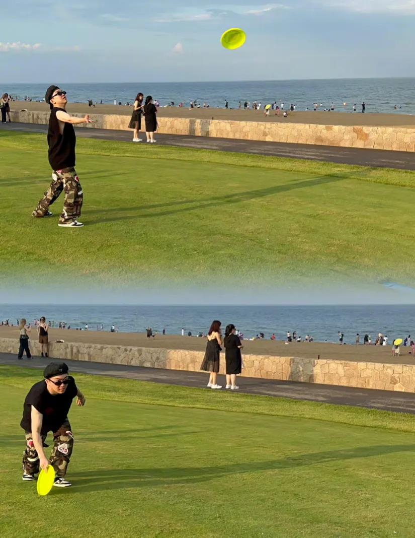 张大大的海边飞盘照好帅！真是要颜值有头发，要身材有裤子