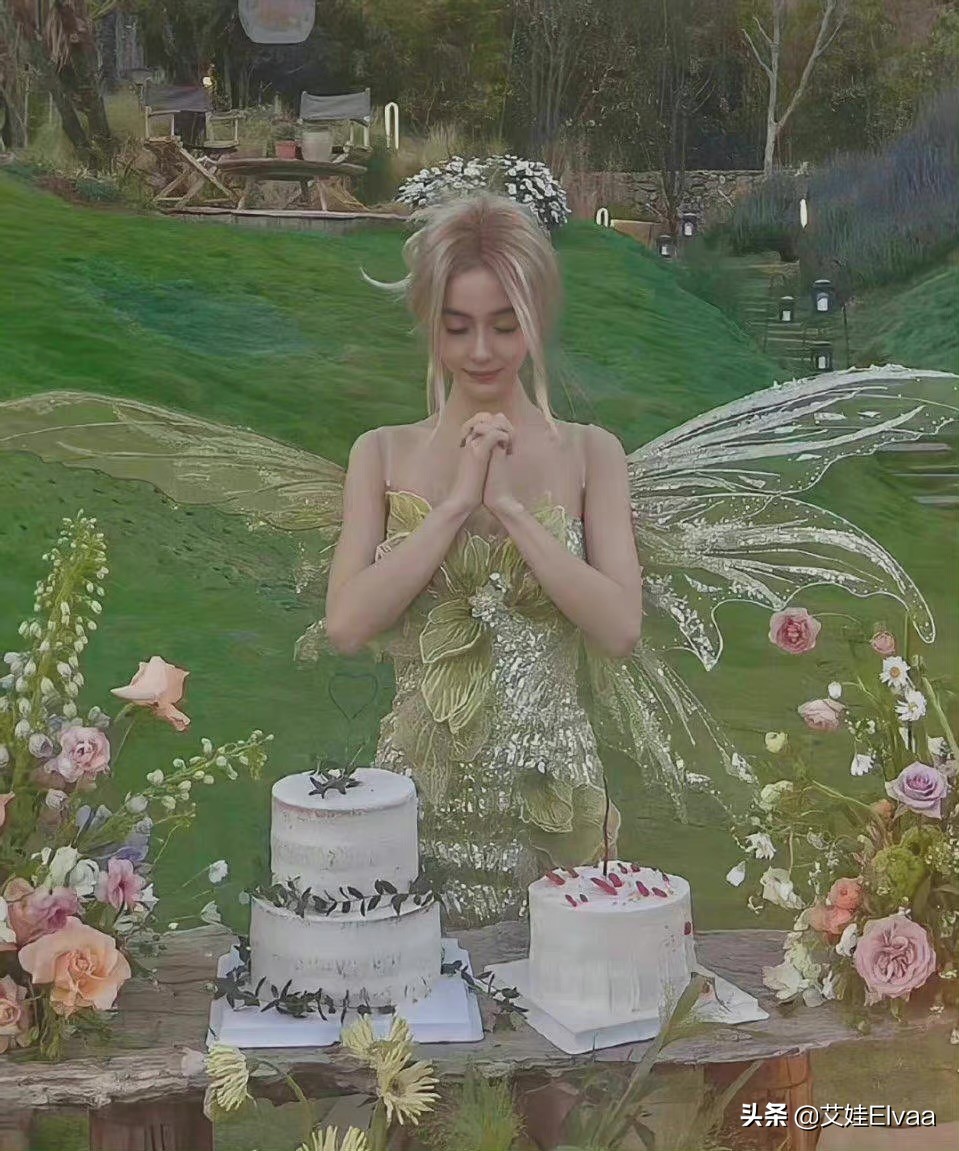 Angelababy离婚后首个生日大变样,穿裙戴假发,草地上许愿似精灵