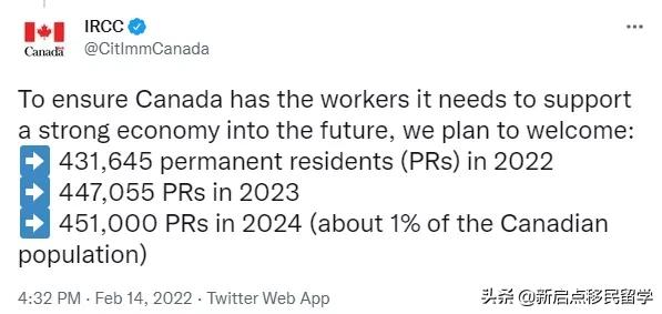 ​2月14日，加拿大移民局官宣2022-2024年最新三年的移民计划