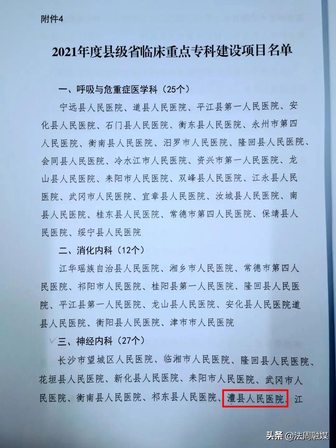 澧县人民医院7个专科获批“湖南省临床重点专科建设项目”