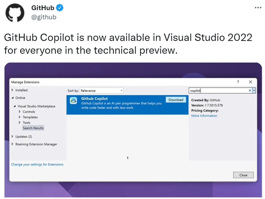 GitHub原生AI代码生成工具Copilot，官方支持VisualStudio2022