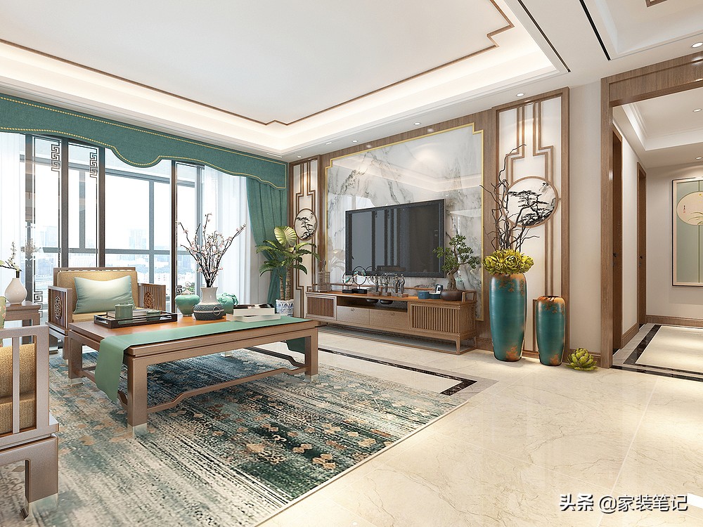 她家的中式风装修，在小区里面堪称经典，色彩、硬装搭配很有品味