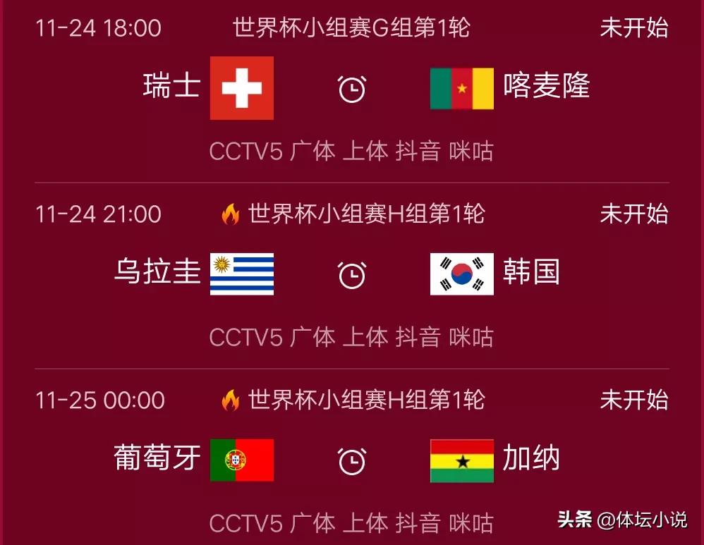 世界杯小组赛赛程：今日4场比赛，韩国对阵乌拉圭，葡萄牙对战加纳