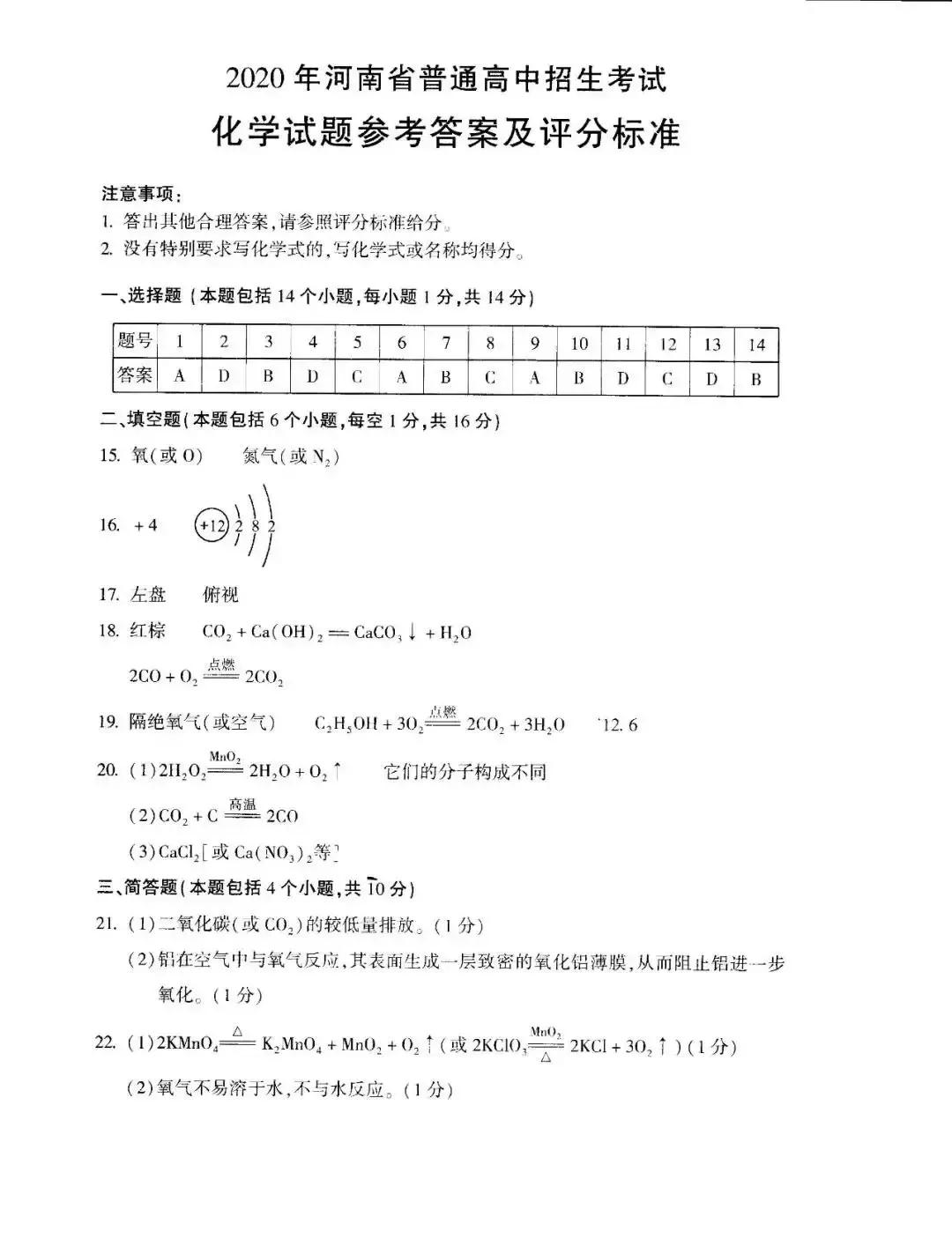 河南历年中考真题——化学试卷（含答案）