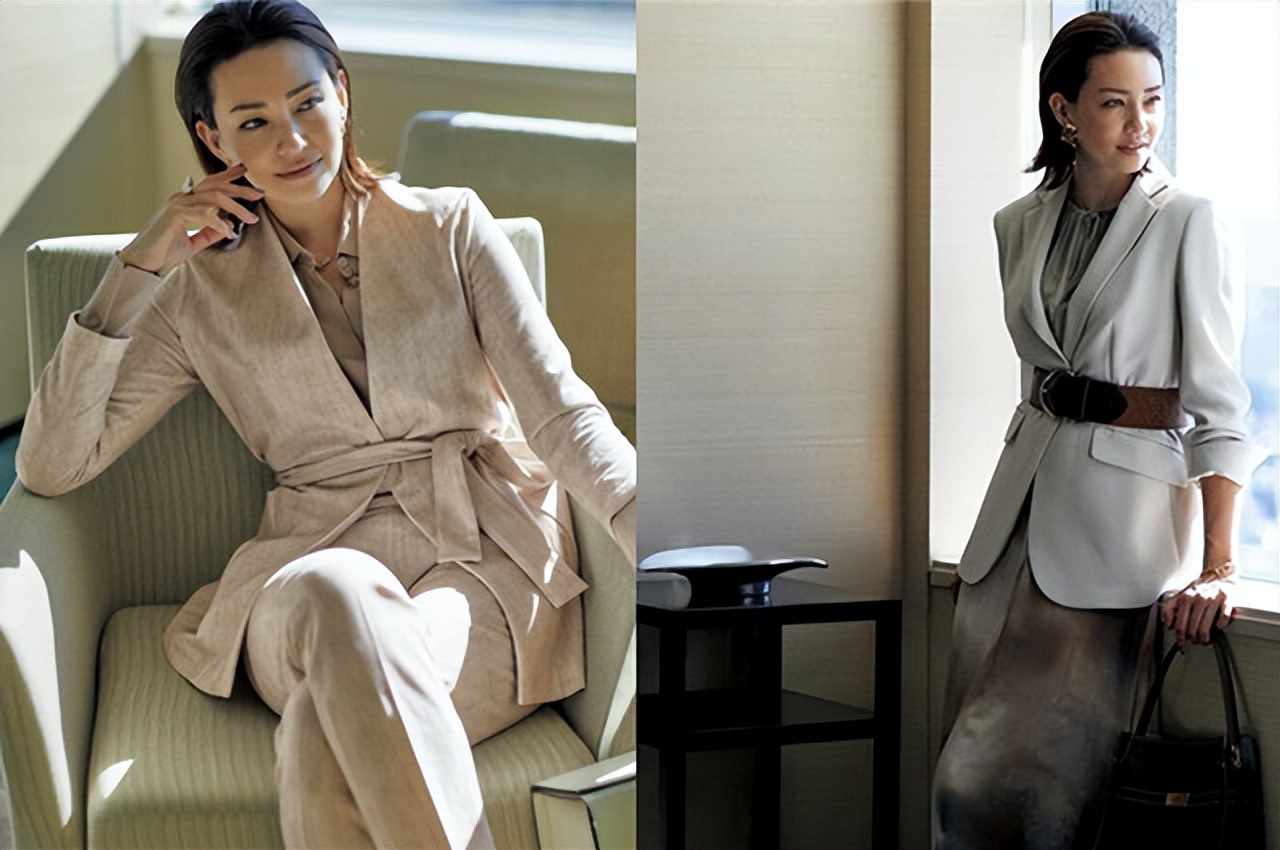 今春流行40+女性通勤服，将简约西装系腰带，瞬间精致又高级