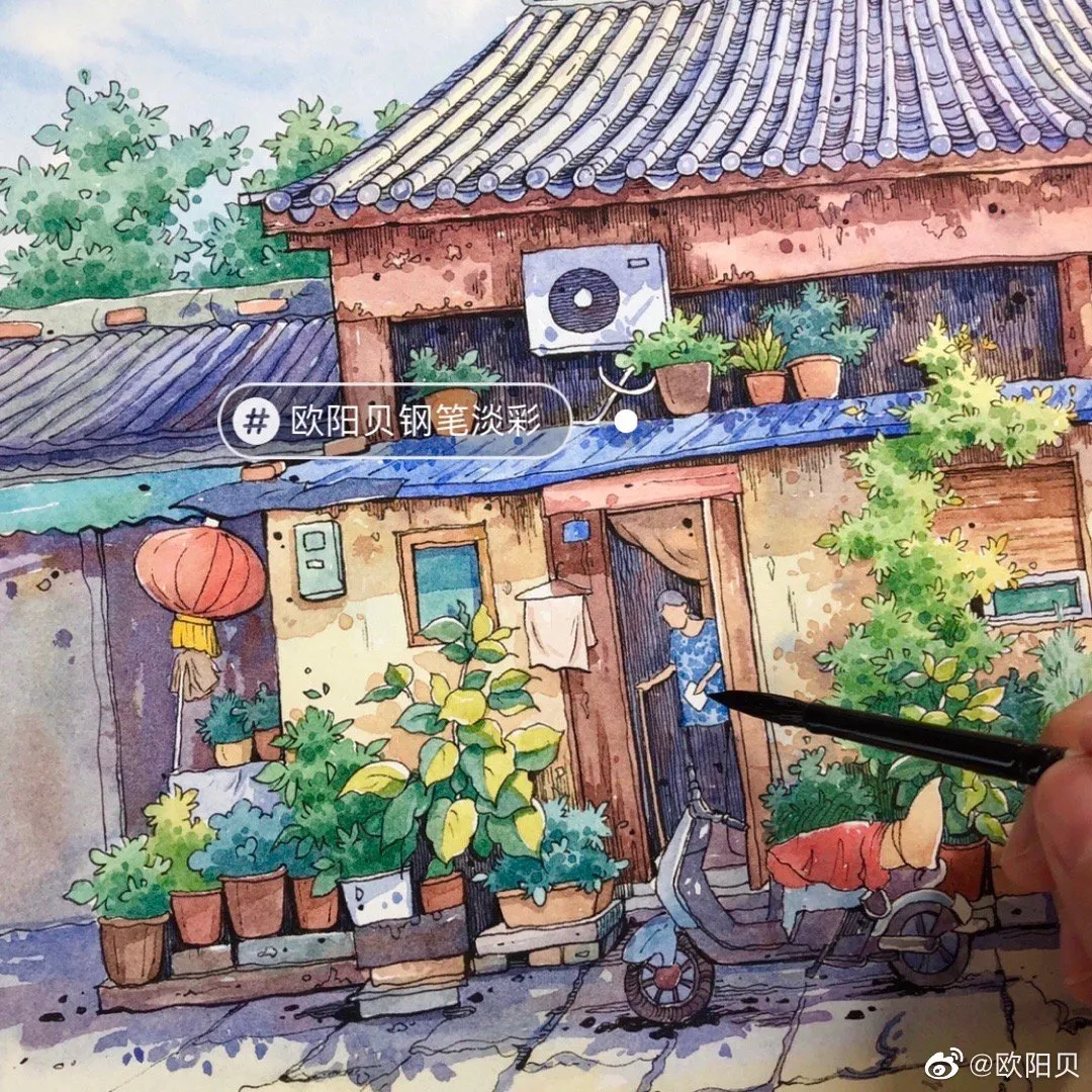 95后美女教你画钢笔淡彩，张张都是精品，构图和配色超棒