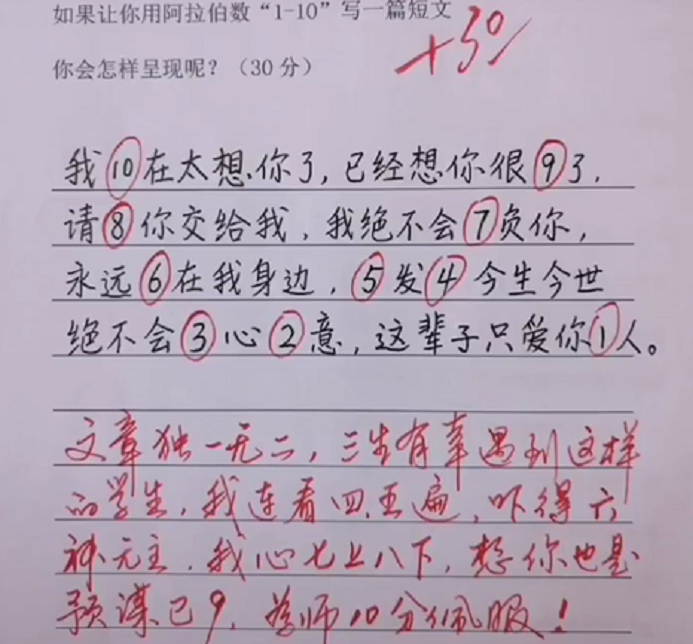 小学生用阿拉伯数字“1—10”写短文，老师却不服输，评语亮了