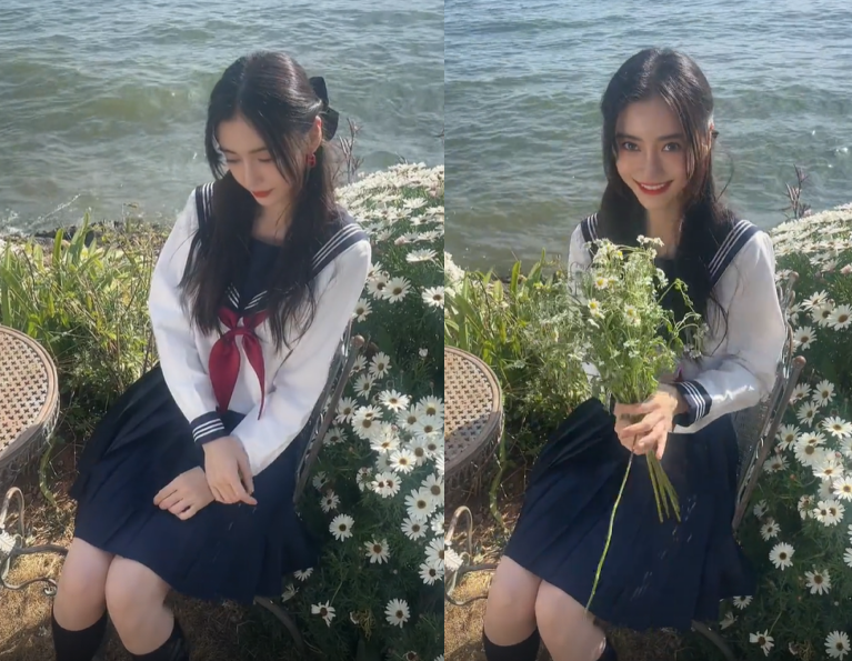 baby晒照庆33岁生日!穿短裙制服太少女,怀中大束野花焉巴巴