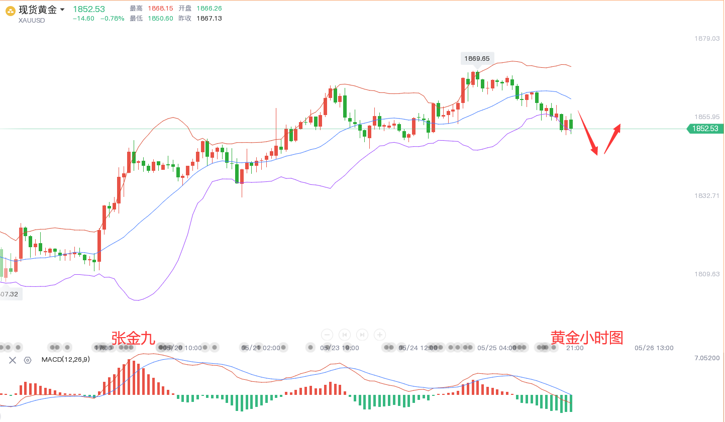 张金九5/25黄金震荡下行，晚间美盘黄金走势分析及策略