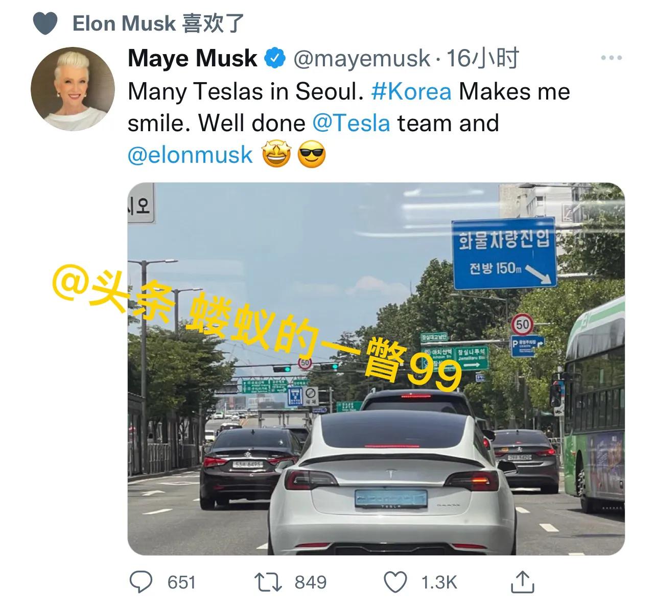 马斯克的漂亮妈妈推特之更新：许多特斯拉出现在韩国，太开心啦