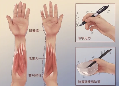 典型的平山病症状表现为前臂以及手部肌肉萎缩.