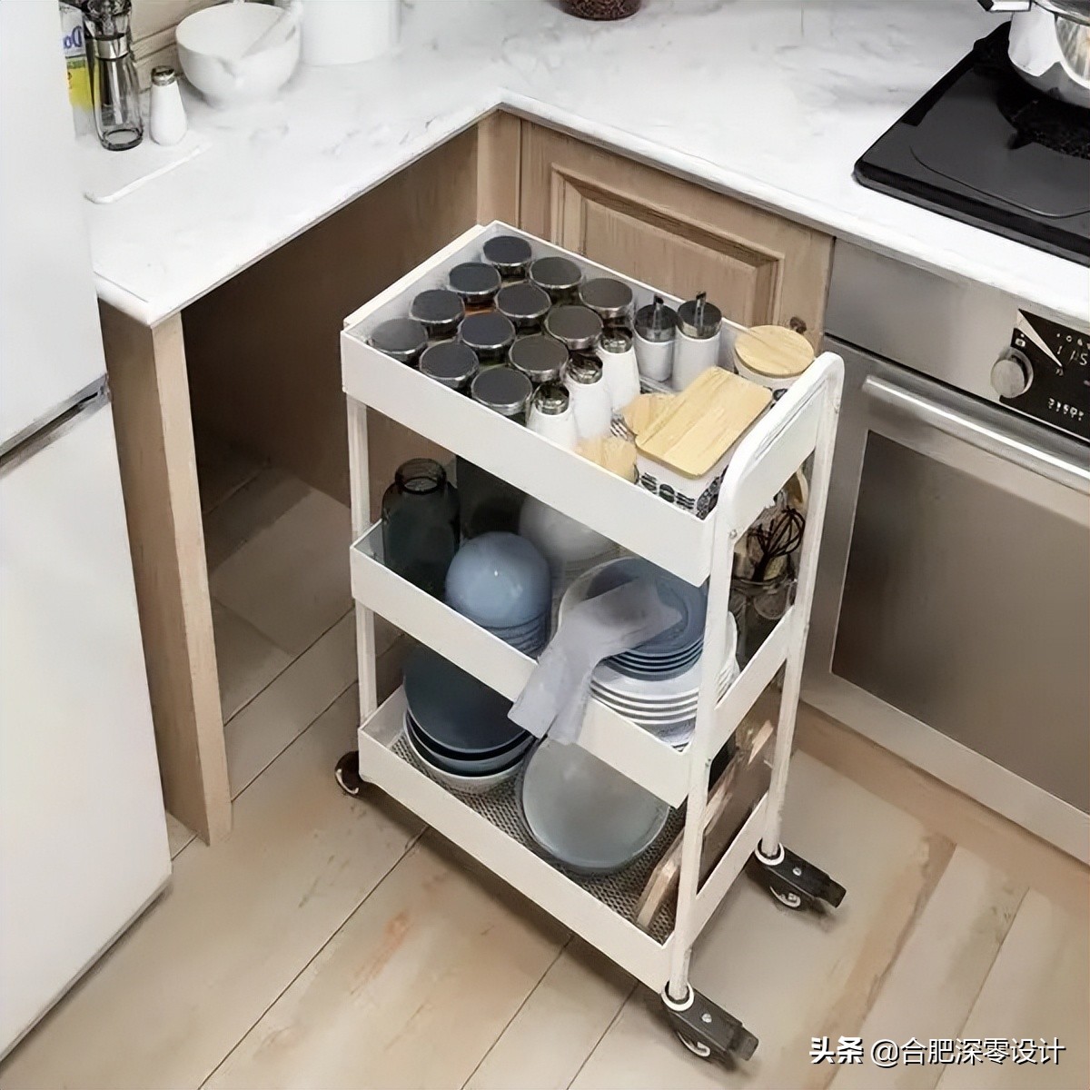 厨房转角改走钝角,还嫌收纳不够,上层吊柜适当下延,一点没浪费