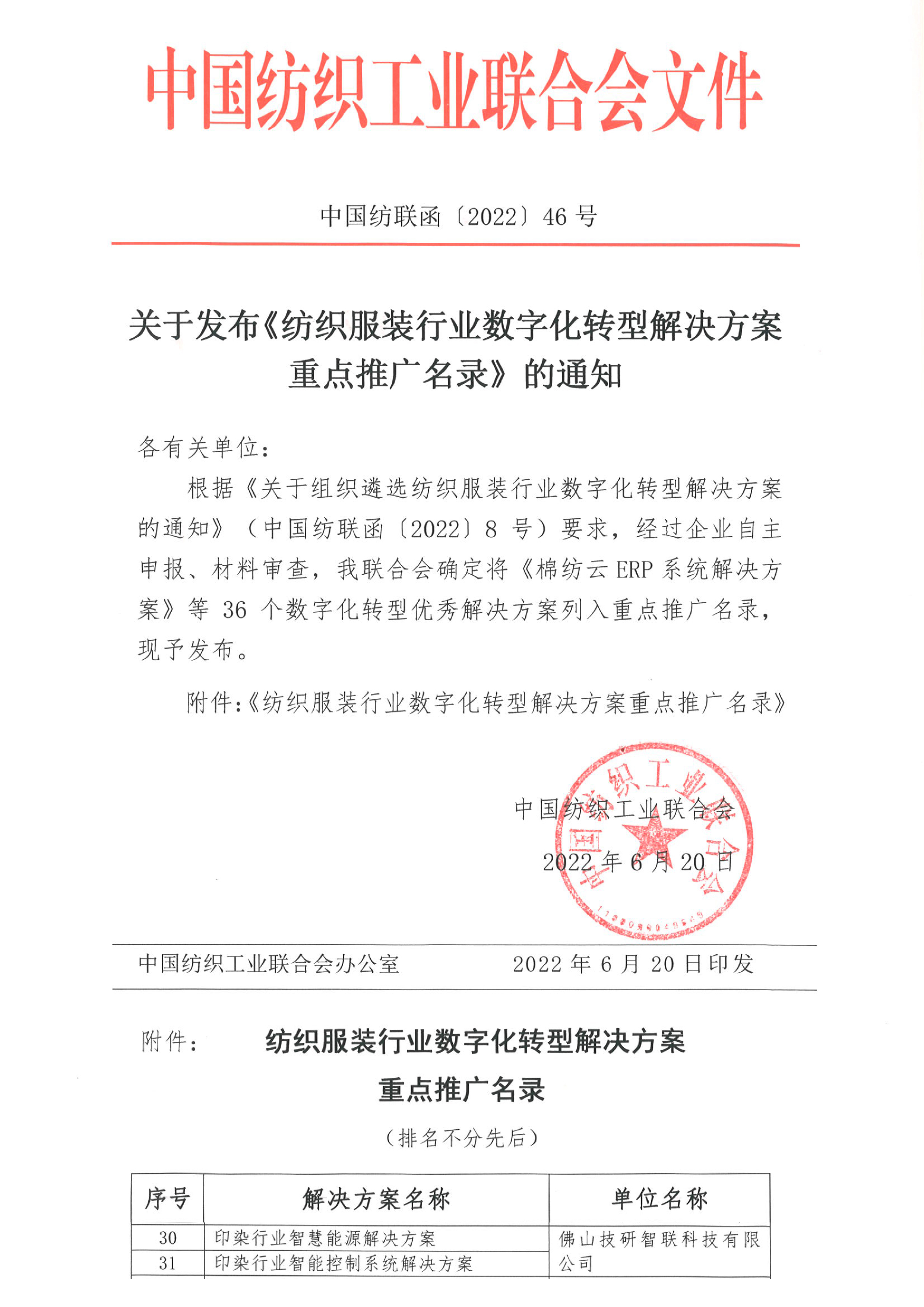 技研产品入选《纺织服装行业数字化转型解决方案重点推广目录》