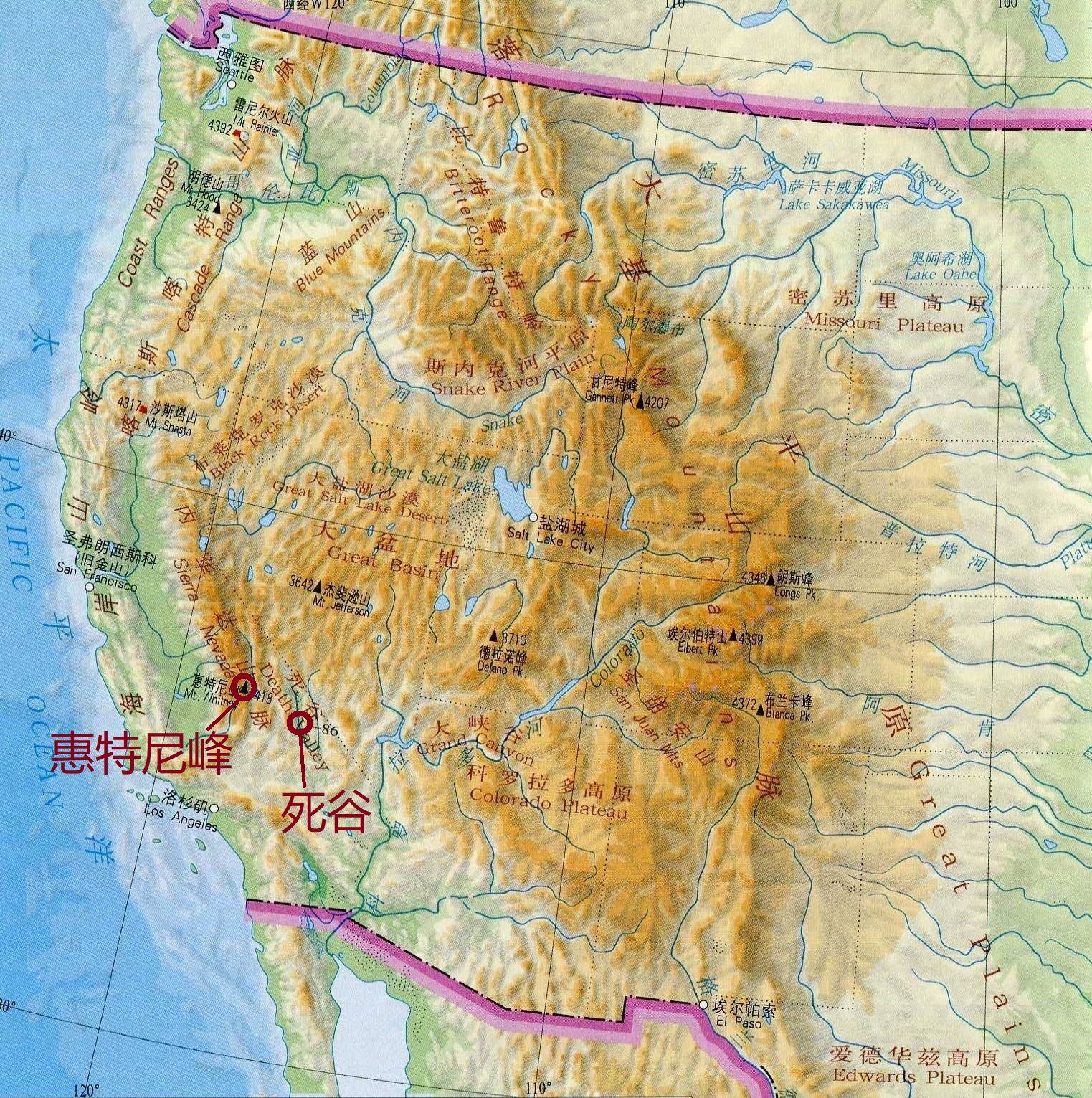 惠特尼峰和死亡谷的位置图那么美国的土地最低点在哪里呢?
