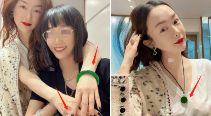 阔太霍思燕与闺蜜聚会，粉色鸽子蛋戒指玉镯晃眼，美颜过度贵妇范