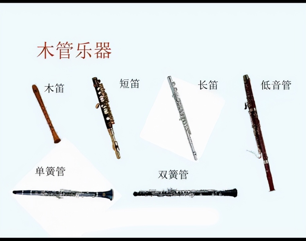 木管乐器:木管乐器包括长笛,短笛,双簧管,单簧管,萨克斯,排萧和低音管