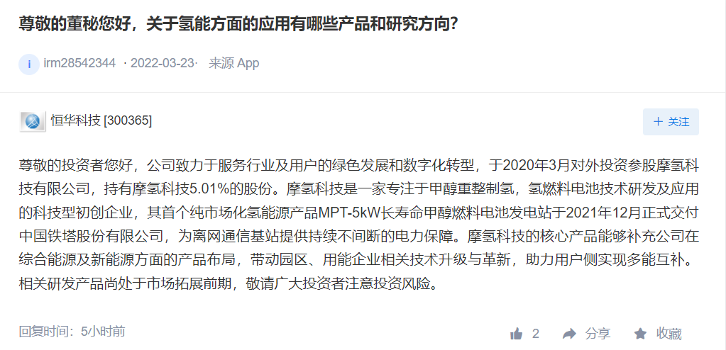 恒华科技：持有摩氢科技5.01%的股份，专注于甲醇重整制氢
