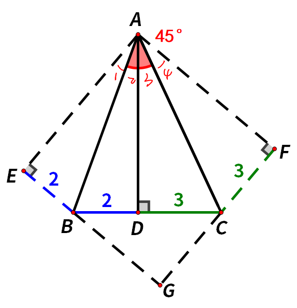 已知BD=2，CD=3，∠BAC=45°，求三角形ABC的面积