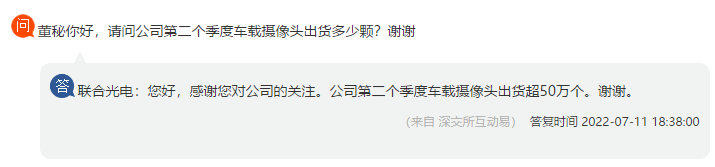 联合光电：公司第二季度车载摄像头出货超50万个