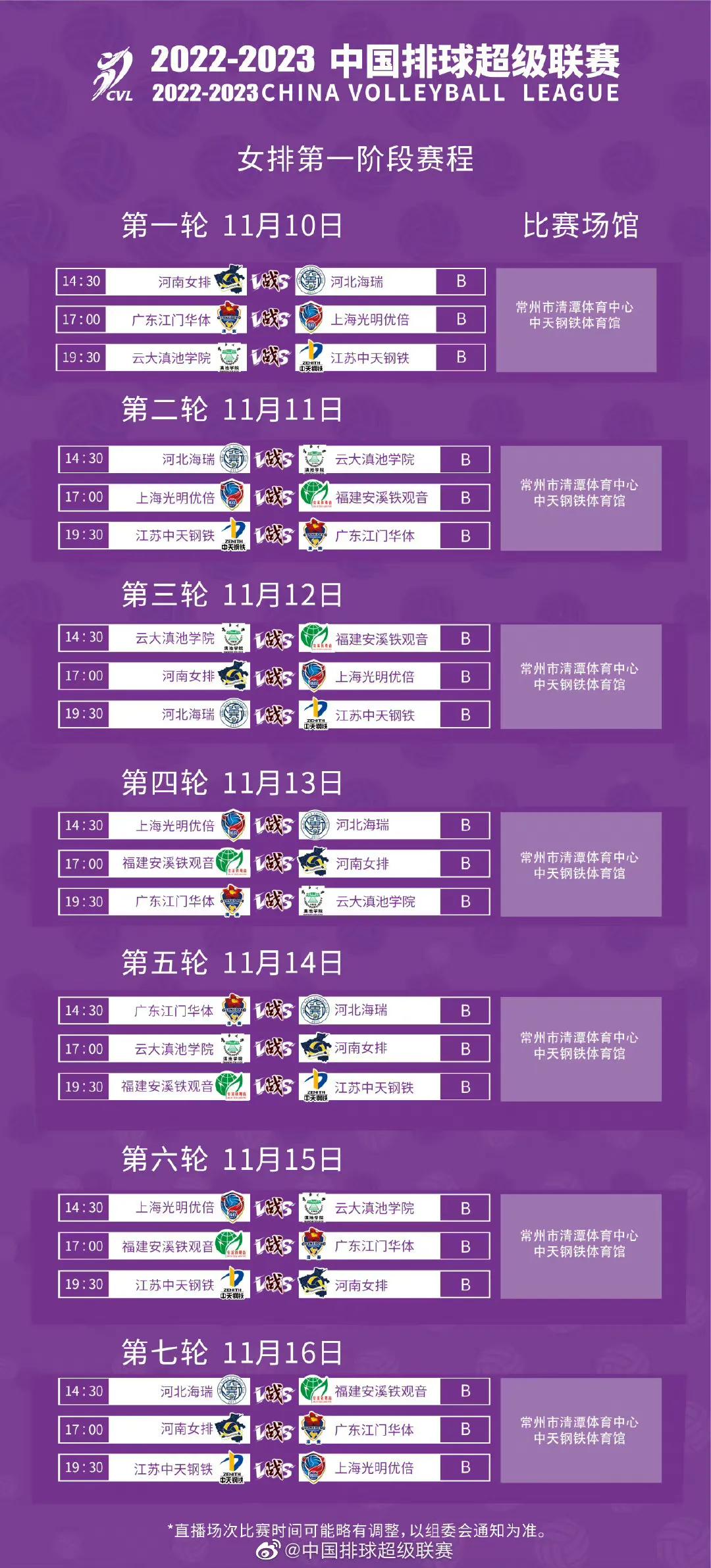 中国女排超级联赛比赛时间表来了