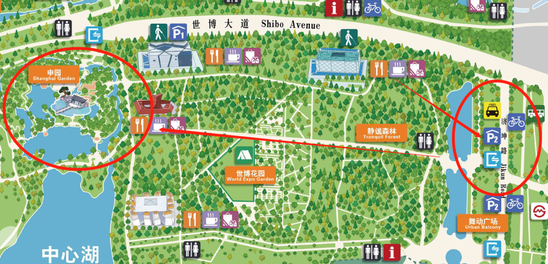 公园东入口至申园路线地铁地铁13号线,世博大道4号口出站,可步行至