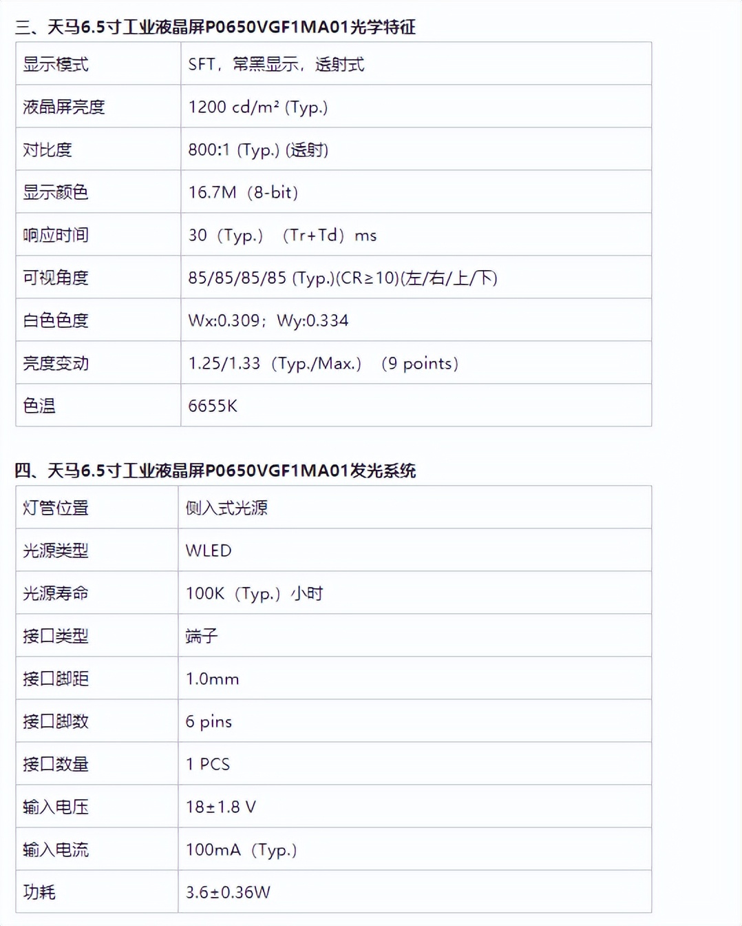 6.5寸液晶屏P0650VGF1MA01-天馬國產(chǎn)軍工屏