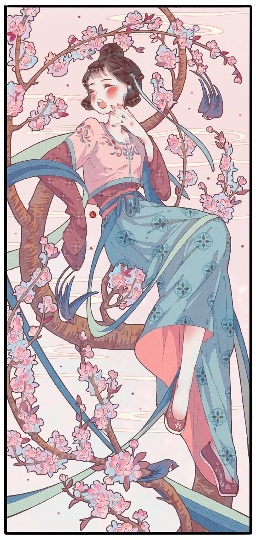 漂亮的古风美少女插画，画面构图简洁，给观者留下更多的遐想