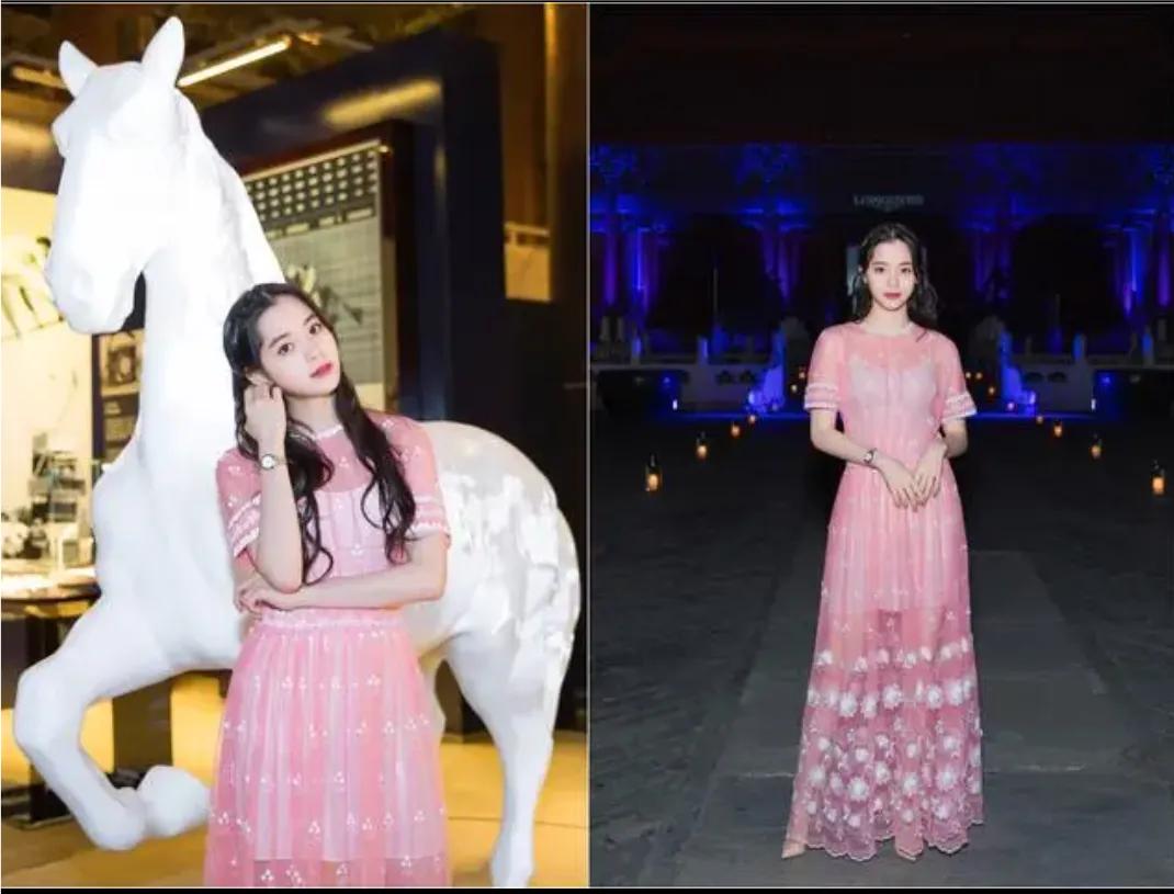 欧阳娜娜真会穿，粉色蕾丝长裙，清纯甜美尽显少女感