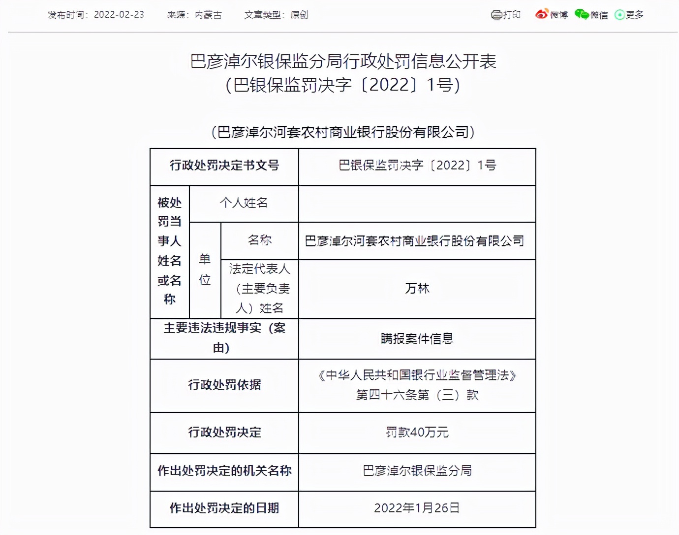 因存在违规发放贷款等行为，内蒙古一农商行累计被罚270万元