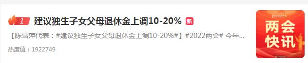 陈雪萍代表：建议独生子女父母退休金上调10-20%