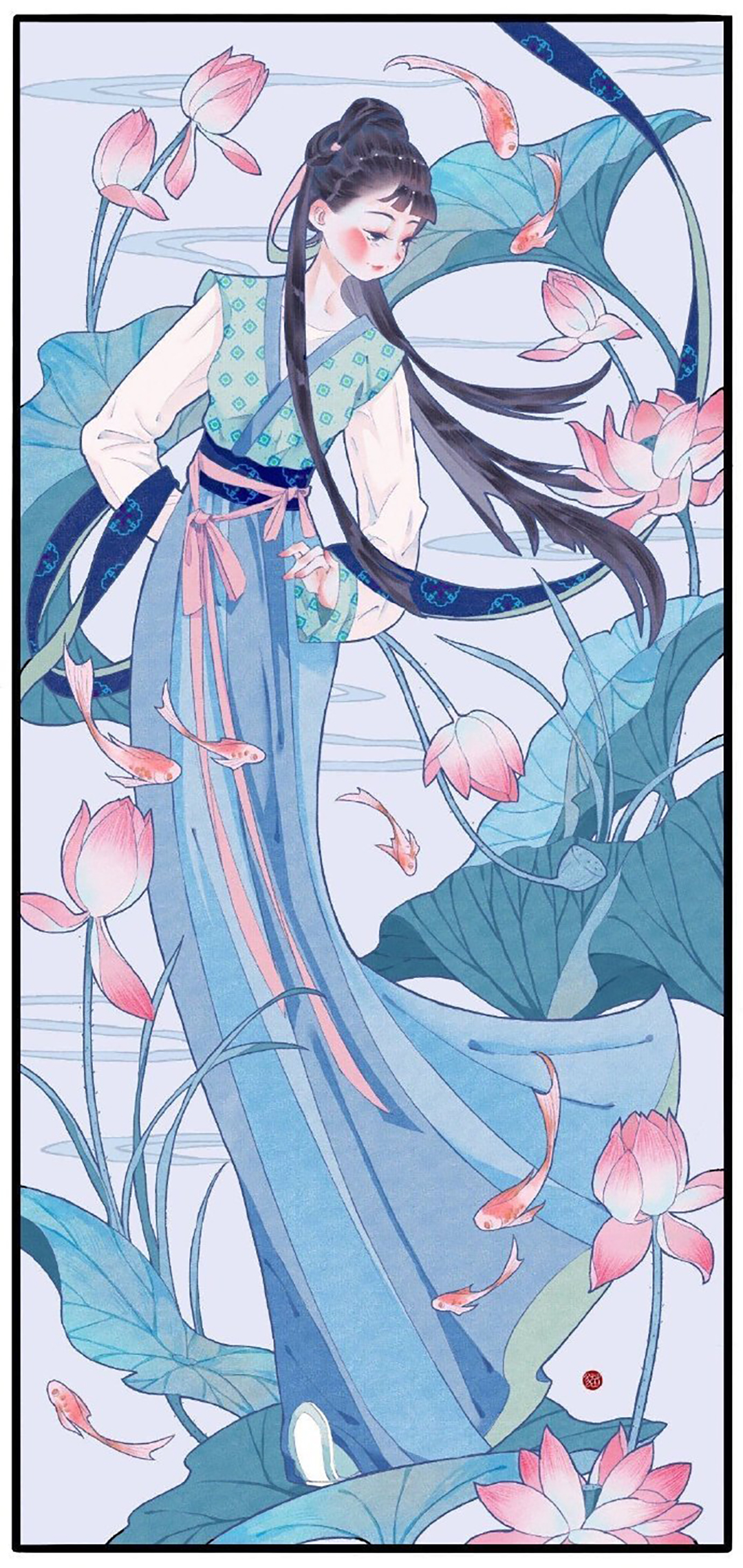 漂亮的古风美少女插画，画面构图简洁，给观者留下更多的遐想