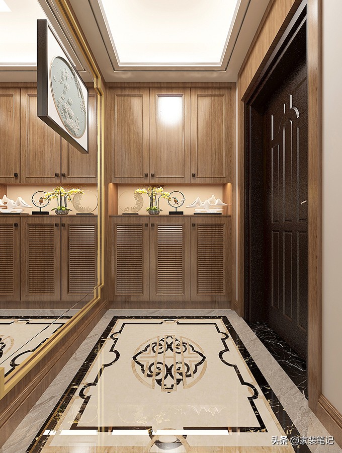 她家的中式风装修，在小区里面堪称经典，色彩、硬装搭配很有品味