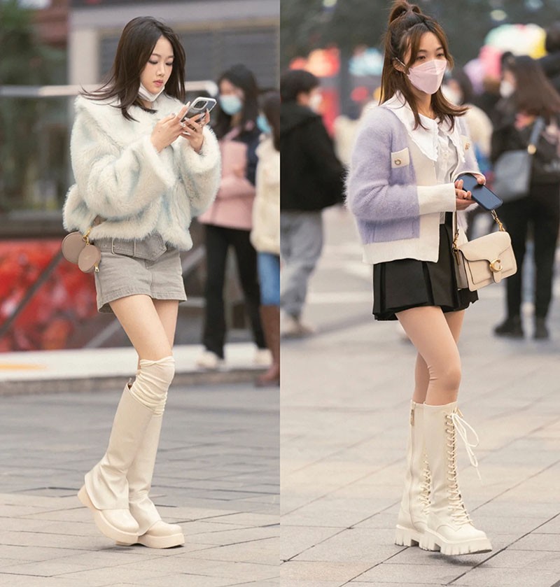 被“重庆女生”时尚街拍惊艳了，靴要长筒，裤要拖地，时髦洋气