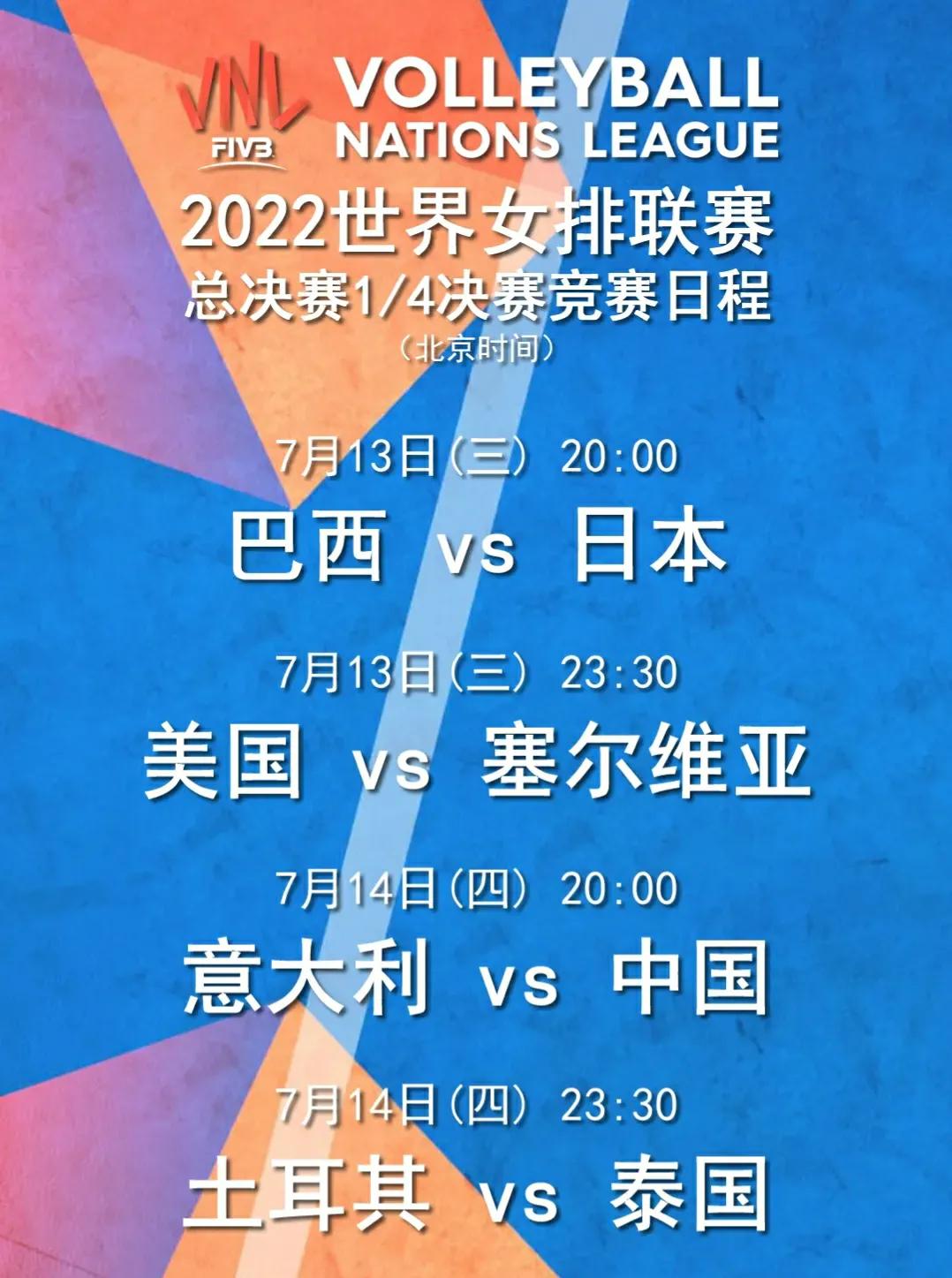 2022年中国体育赛事完整时间表（7月13号-7月14号 世联赛1／4决赛时间表 中国队14号晚20点战意大利队）