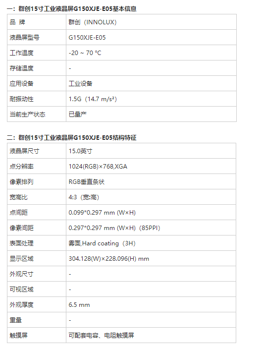 群創(chuàng)15寸工業(yè)顯示屏G150XJE-E05-臺系15寸工業(yè)屏