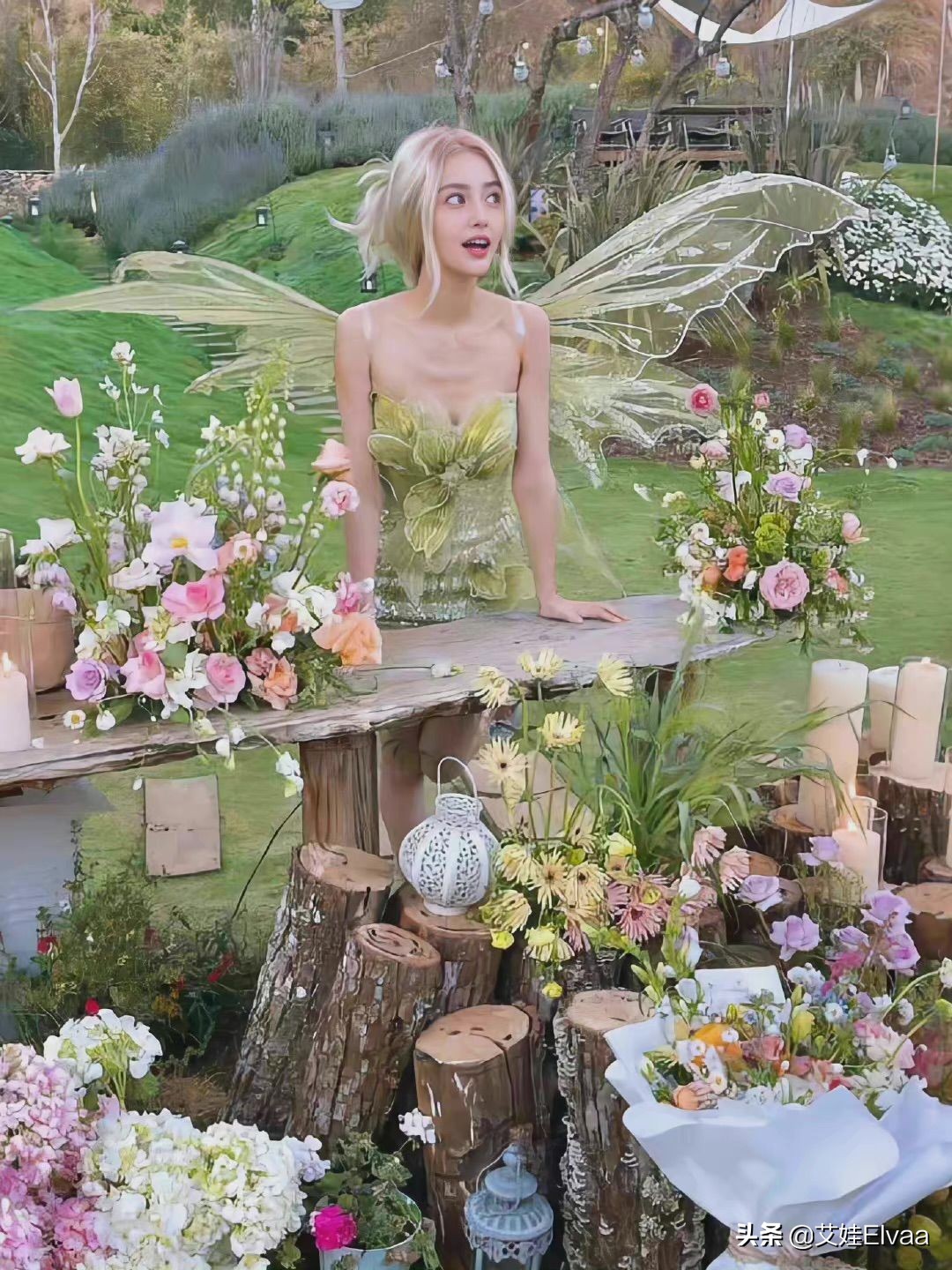 Angelababy离婚后首个生日大变样,穿裙戴假发,草地上许愿似精灵