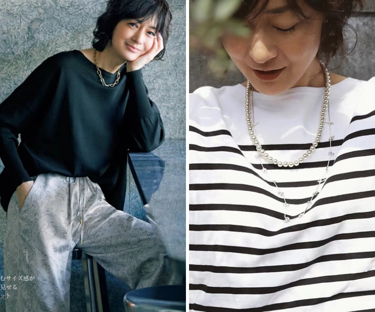 富冈佳子最爱的一款配饰,就是珍珠项链,搭配t恤,衬衫,裙子都用了它