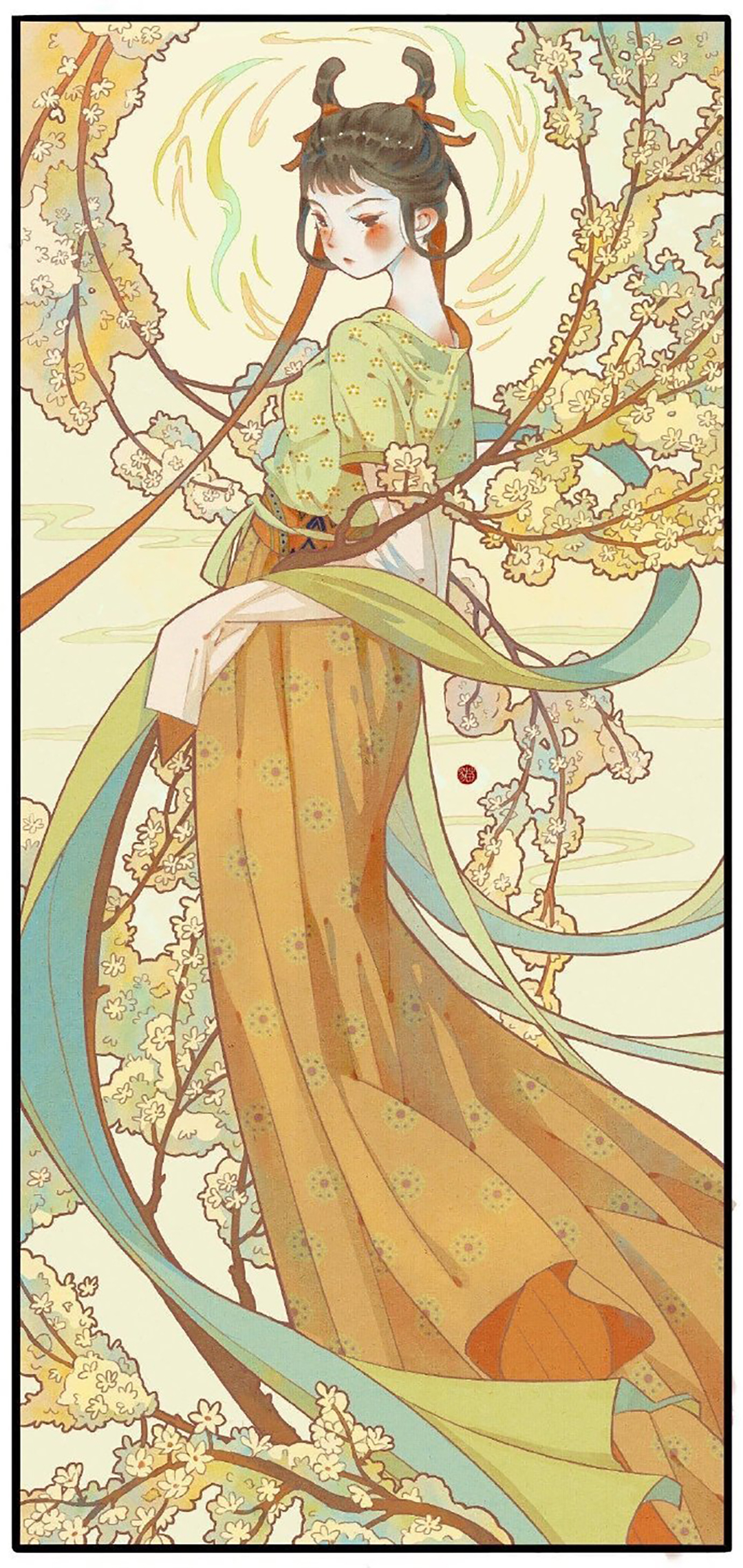 漂亮的古风美少女插画，画面构图简洁，给观者留下更多的遐想
